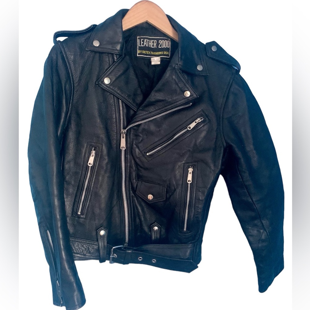 Vintage Leather 2000 Black Genuine Leather Moto Biker Jacket with Belt